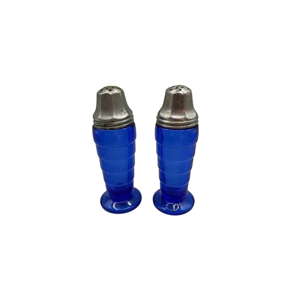 Vintage Cobalt Blue Glass Salt and Pepper Shakers Beehive Ringed Art Deco Set